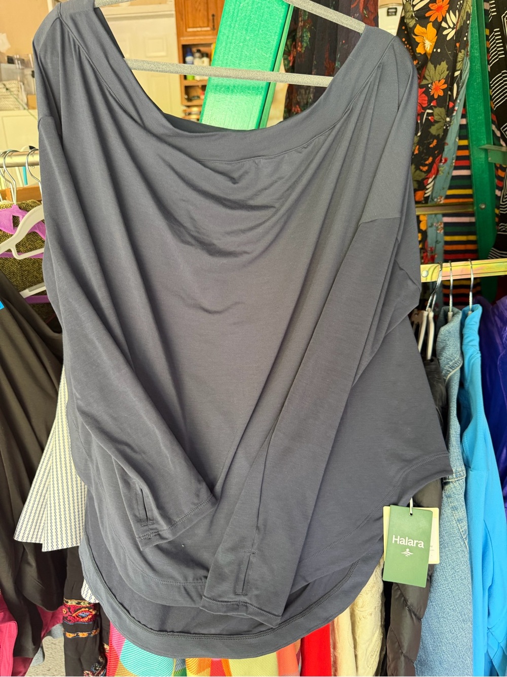HALARA Navy Blue Long Sleeve Off-Shoulder Top
